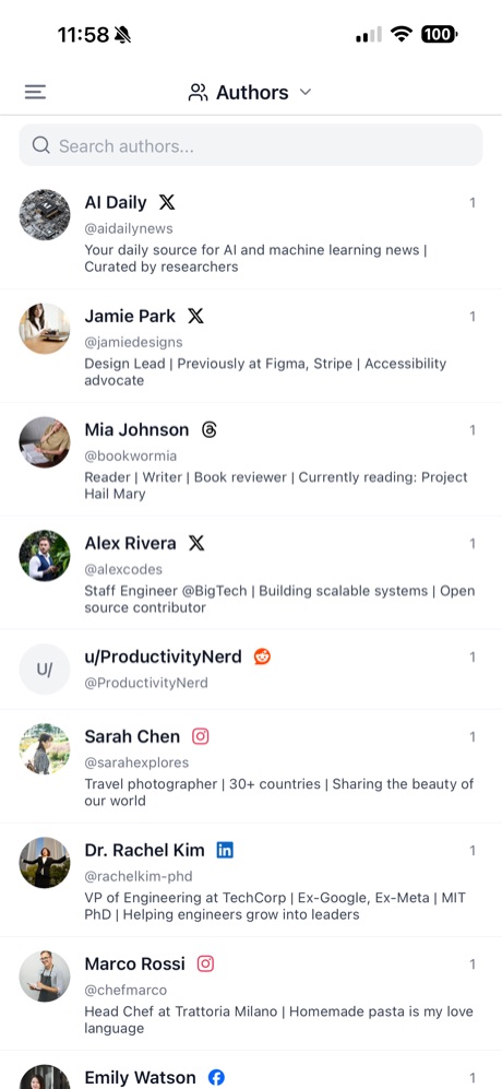 Authors list across platforms